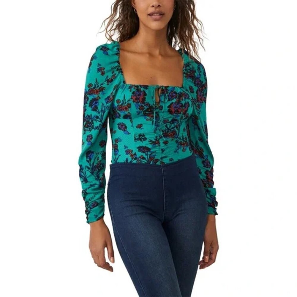 NWT‎ Free People Hilary Printed Floral Top Green Red Blue Women XS